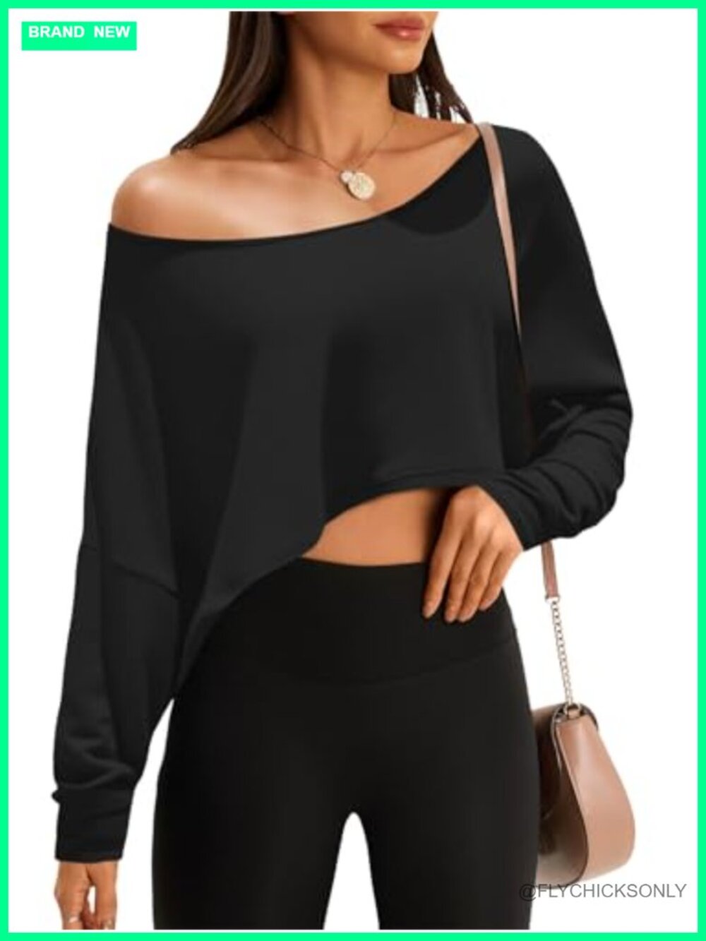 Womens Off Shoulder Cropped Top Batwing Long Sleeve Loose Fit Workout T Shirt